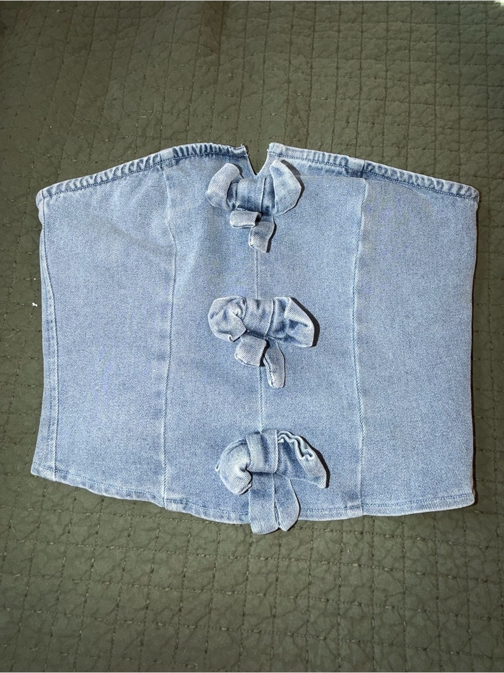 Light Blue Denim Corset Crop Top with Front Knot Details